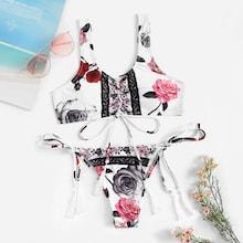 Romwe Floral Lace-up Top With Tie Side Bikini Set