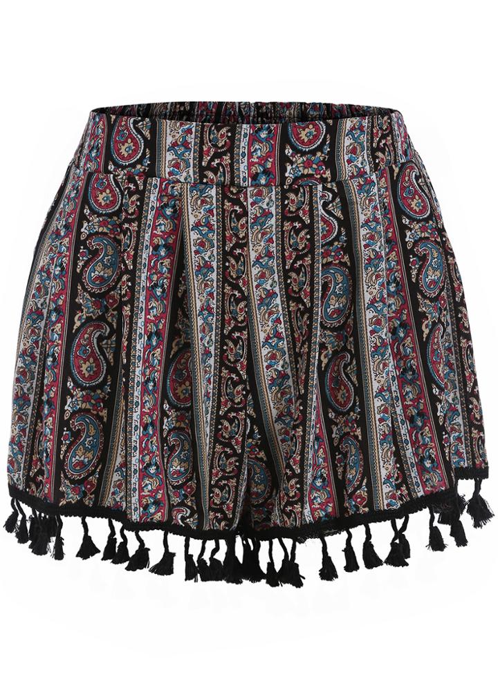 Romwe Tribal Print With Tassel Red Shorts