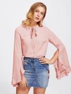 Romwe Tie Neck Frilled Fluted Sleeve Blouse