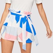 Romwe Paperbag Waist Colorblock Belted Shorts