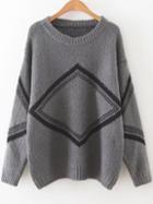 Romwe Grey Diamond Pattern Drop Shoulder Sweater