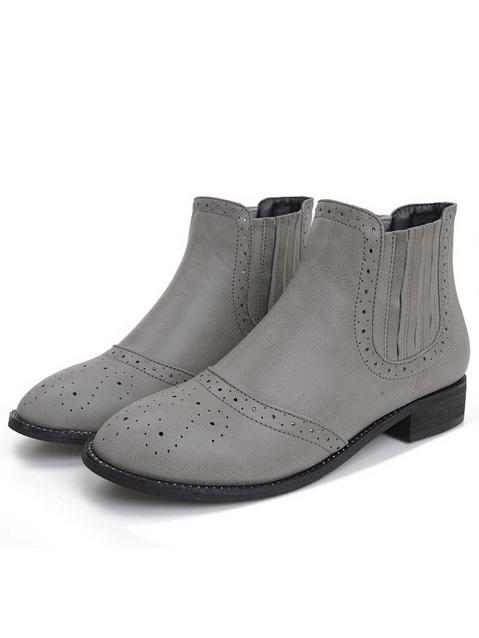 Romwe Grey Round Toe Pierced Pu Boots