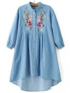 Romwe Blue Flower Embroidery High Low Denim Dress With Buttons