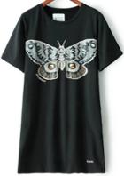 Romwe Black Short Sleeve Butterfly Print T-shirt