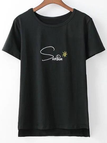 Romwe Black Short Sleeve Dipped Hem Letters Embroidery T-shirt