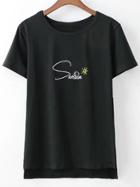 Romwe Black Short Sleeve Dipped Hem Letters Embroidery T-shirt