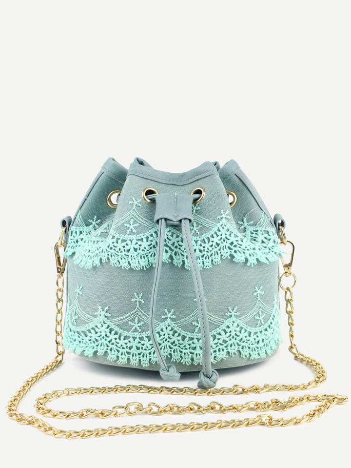 Romwe Green Lace Detail Bucket Bag With Chain