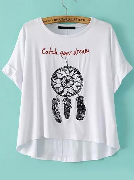Romwe Dip Hem Feather Embroidered T-shirt