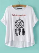 Romwe Dip Hem Feather Embroidered T-shirt