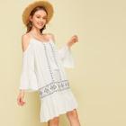 Romwe Tribal Embroidered Fringe Tie Neck Cami Dress
