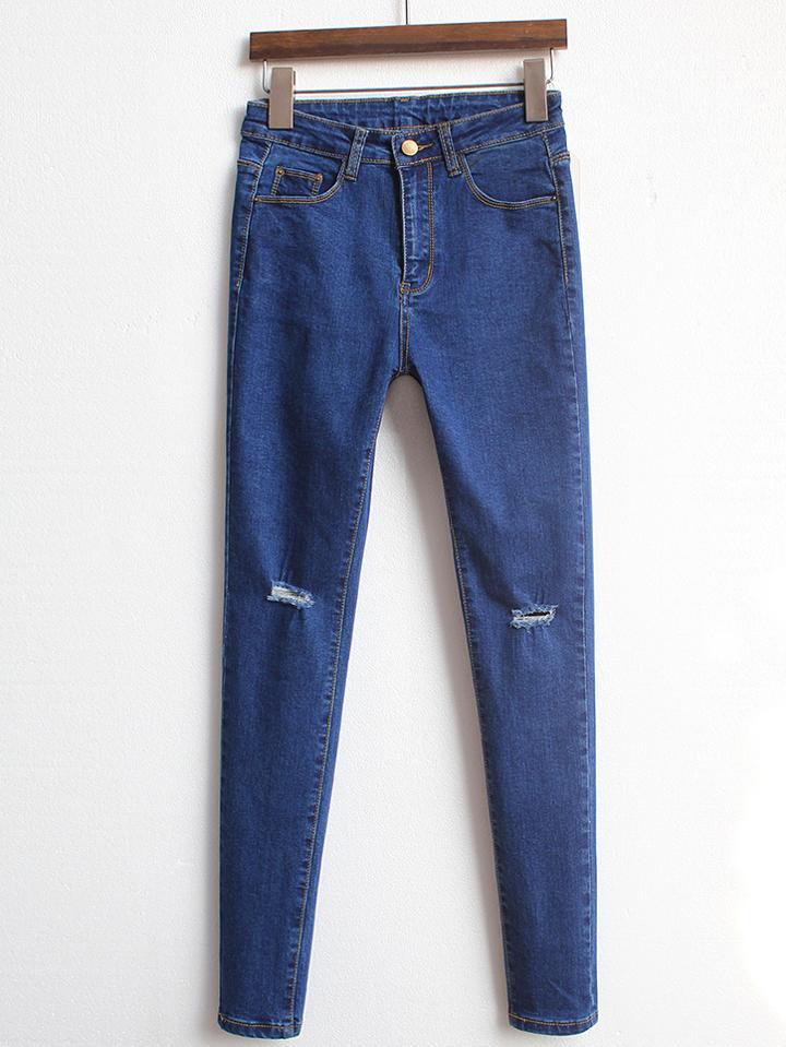 Romwe High Waist Ripped Denim Slim Blue Pant