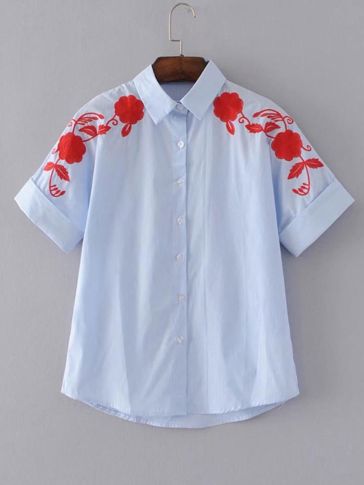 Romwe Rolled Cuff Embroidered Blouse