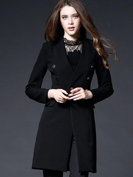 Romwe Black V Neck Long Sleeve Coat