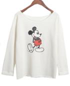 Romwe Mickey Print Loose White Sweatshirt