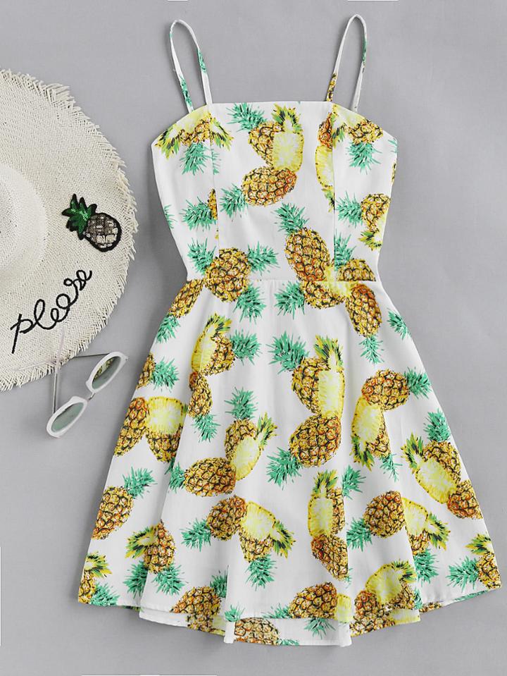 Romwe Pineapple Print Bow Tie Open Back Cami Dress