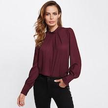 Romwe Button Keyhole Back Pleated Neck Blouse