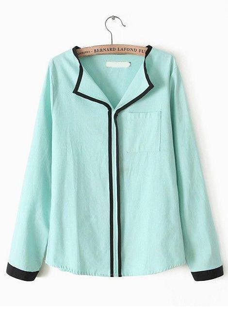 Romwe Contrast Trims Pocket Loose Green Blouse