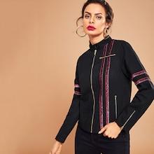 Romwe Contrast Sequin Tape Zip Up Jacket