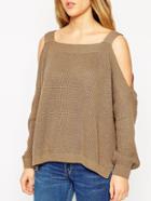 Romwe Open Shoulder Knit Brown Sweater