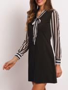 Romwe Black Bow Collar Striped Slim Dress