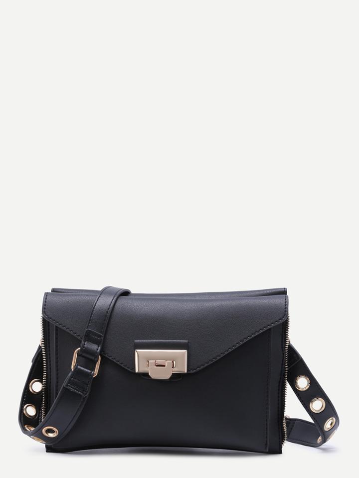 Romwe Black Zip Trim Pu Double Sided Envelope Bag With Eyelet Strap