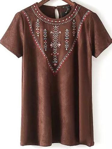 Romwe Brown Embroidery Key-hole Back Blouse