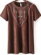 Romwe Brown Embroidery Key-hole Back Blouse
