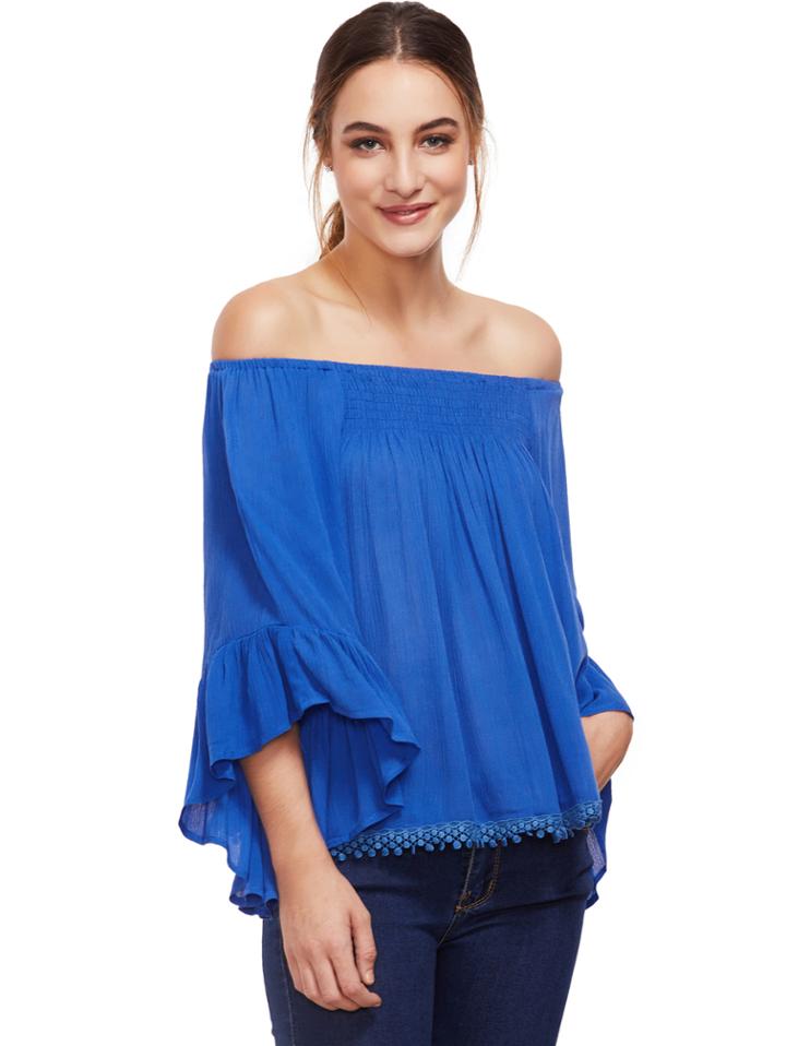 Romwe Blue Off-the-shoulder Bell Sleeve Top