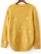 Romwe Yellow Snow Pattern Curved Hem Sweater