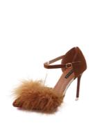 Romwe Faux Fur Embellished Ankle Strap Heels