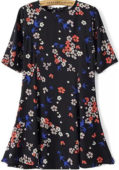 Romwe Floral Swallow Print Ruffle Dress