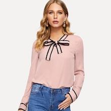 Romwe Tie Neck Contrast Binding Top