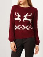 Romwe Red Long Sleeve Deer Print Sweater