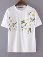 Romwe White Round Neck Flower Embroidery T-shirt