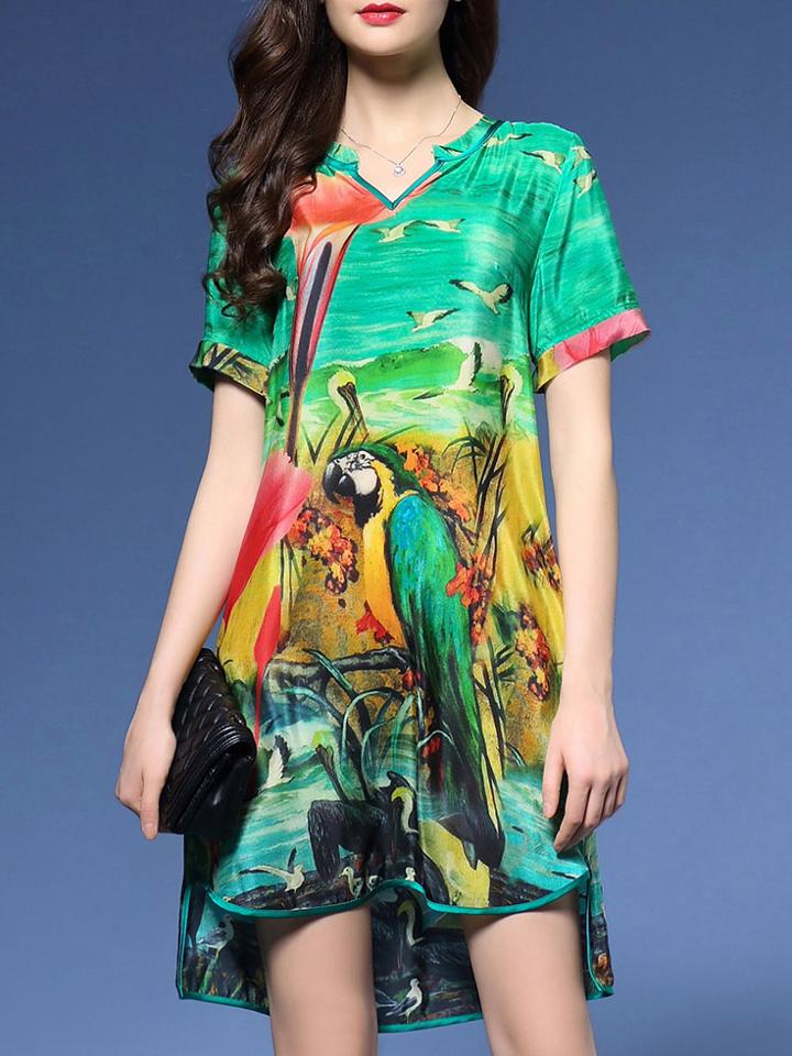 Romwe Multicolor V Neck Birds Print High Low Dress