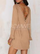 Romwe Bronze Mocha Apricot Long Sleeve V Back Dress