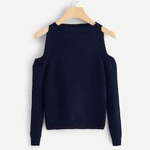 Romwe Ribbed Cold-shoulder Solid Jumper