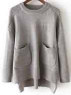 Romwe Dip Hem Split Side Pockets Grey Sweater