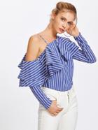Romwe Layered Flounce One Shoulder Striped Blouse