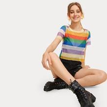 Romwe Striped Fishnet Sheer Tee