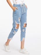 Romwe Destroyed Raw Hem Drawstring Waist Crop Jeans