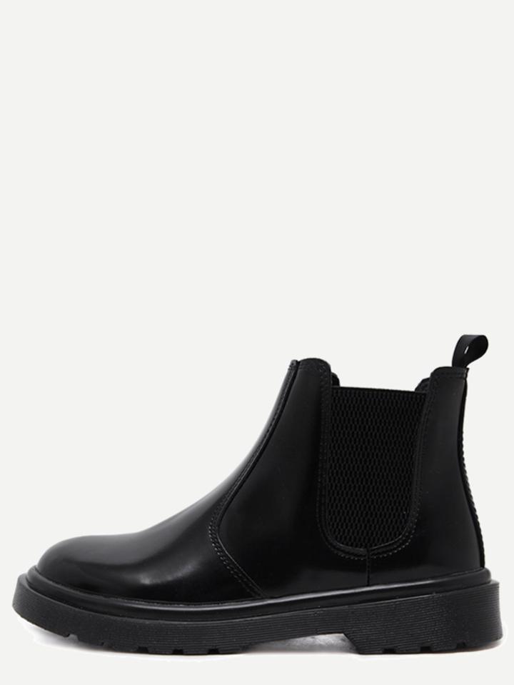 Romwe Black Faux Leather Round Toe Elastic Ankle Boots
