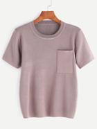 Romwe Dark Pink Knit Short Sleeve Pocket T-shirt