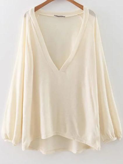 Romwe White Deep V Neck High Low Blouse