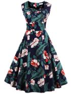 Romwe Navy Tropical Print Fit And Flare Dress