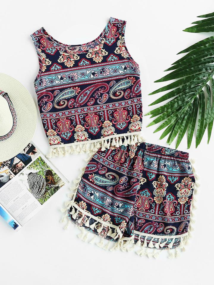 Romwe Aztec Print Tassel Hem Tank Top And Shorts Set