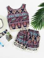 Romwe Aztec Print Tassel Hem Tank Top And Shorts Set