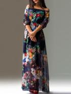Romwe Off The Shoulder Elbow Sleeve Florals Chiffon Dress