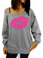 Romwe Grey Scoop Neck Lipstick Print Sweatshirt