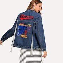 Romwe Letter And Cartoon Print Denim Jacket